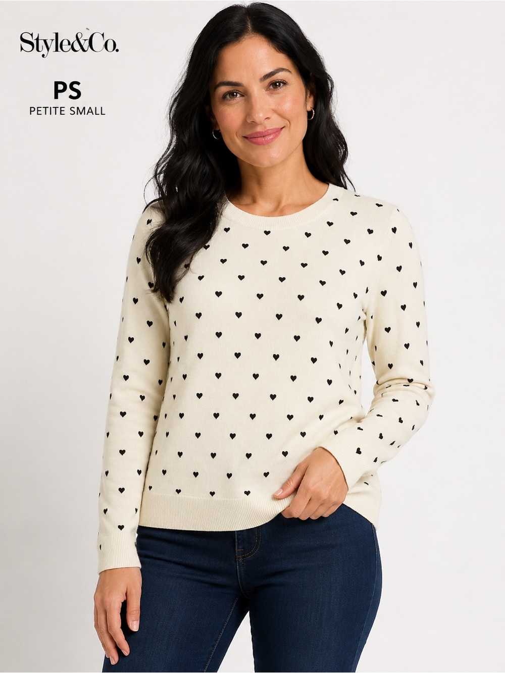 Style & Co. Heart Print Fine Gauge Sweater coquette feminine  NWT Cream Black/SP
